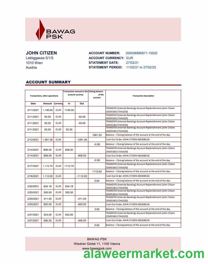 Austria BAWAG PSK bank statement easy to fill template in Excel and PDF format
